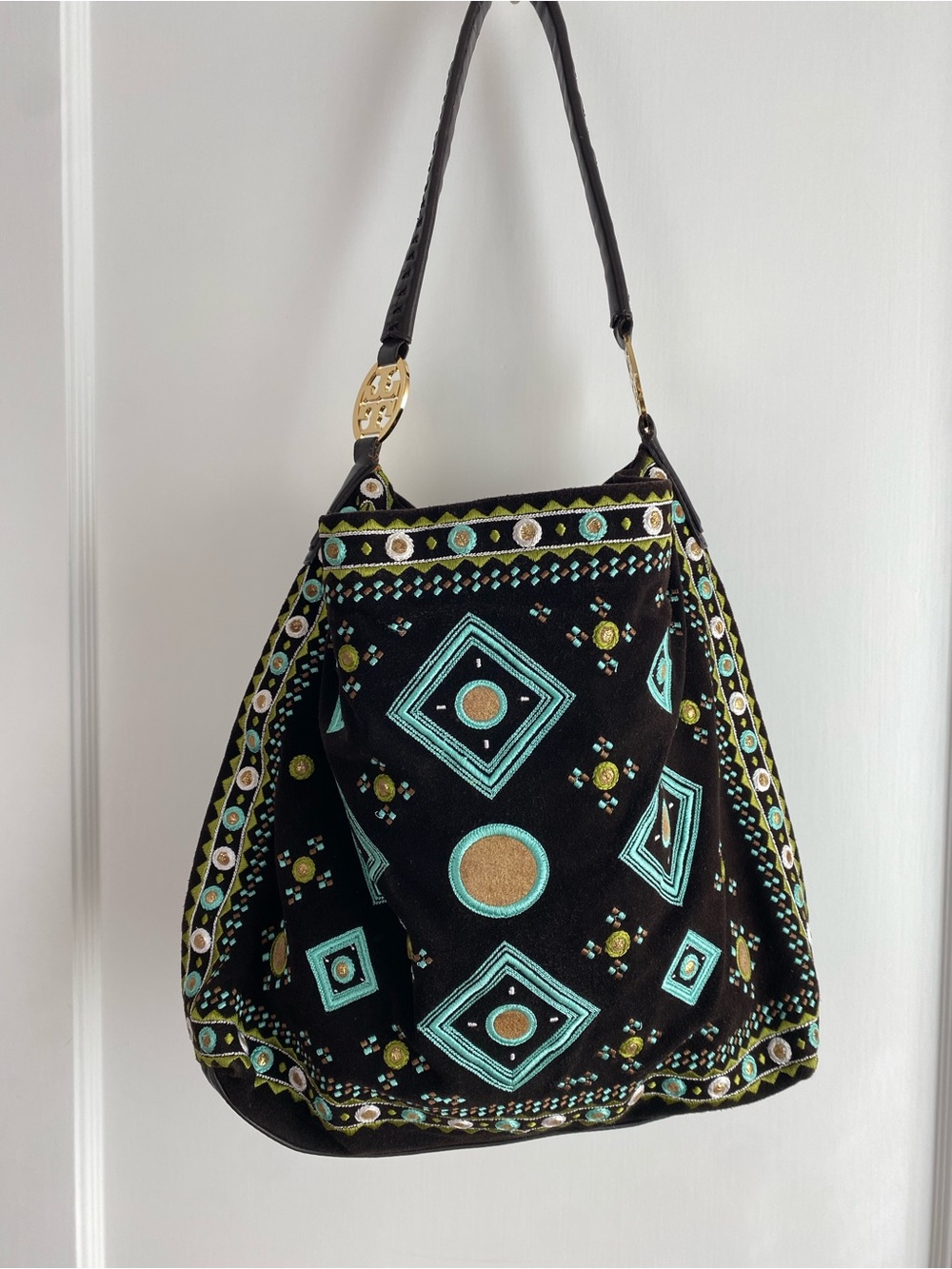 Tory Burch Black Hobo Bag with Turquoise and Gold Embroidery